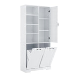 SOFTSEA 68" Double Tilt Out Laundry Hamper, Tall Bathroom Storage Cabinet with Hidden Laundry Basket & Adjustable Shelf, Freestanding Bathroom Cabinet with Doors and Open Shelves, White SOFTSEA
