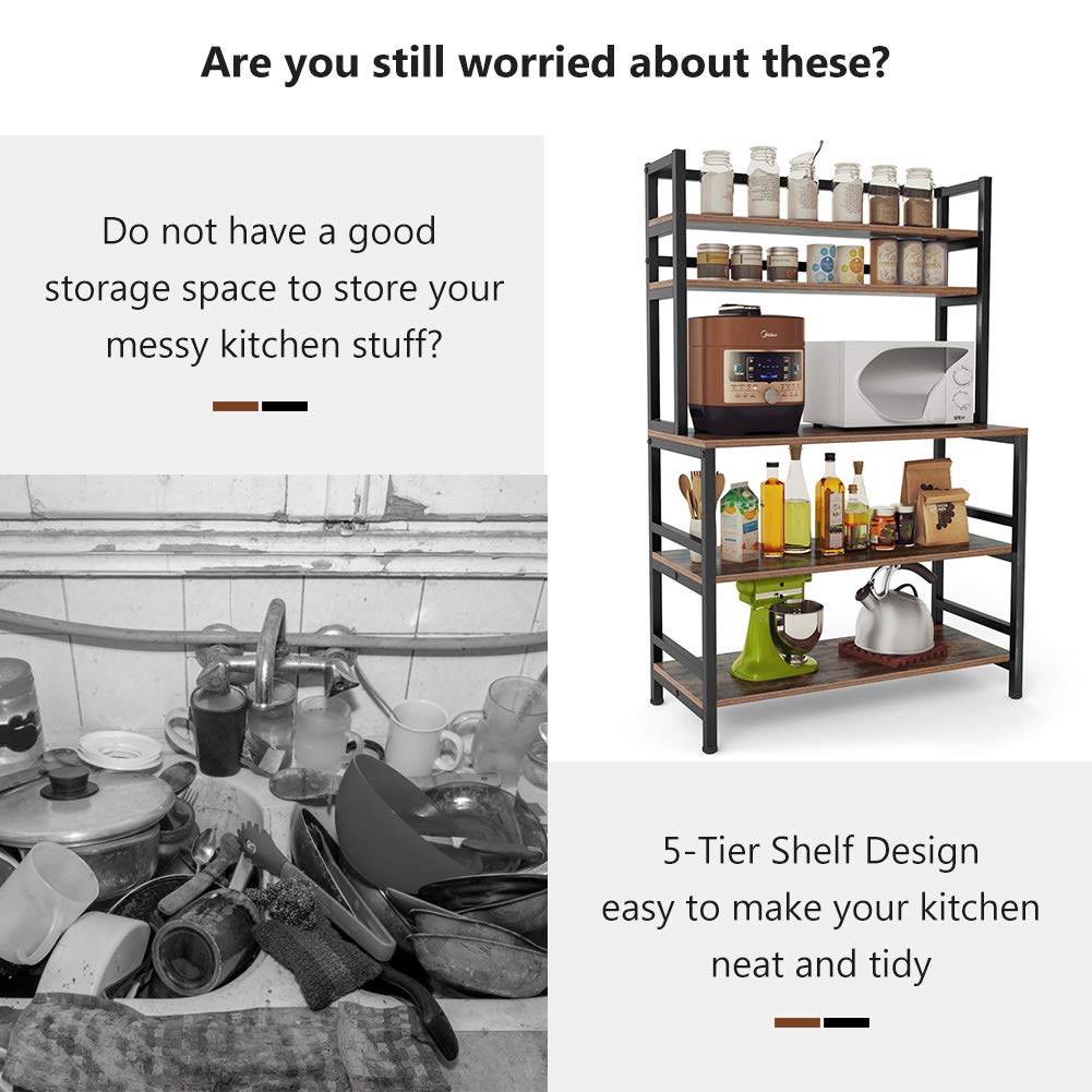 Tribesigns 5-Tier Kitchen Bakers Rack with Hutch, Industrial Microwave Oven Stand, Free Standing Kitchen Utility Cart Storage Shelf Organizer (Rustic Brown) Tribesigns