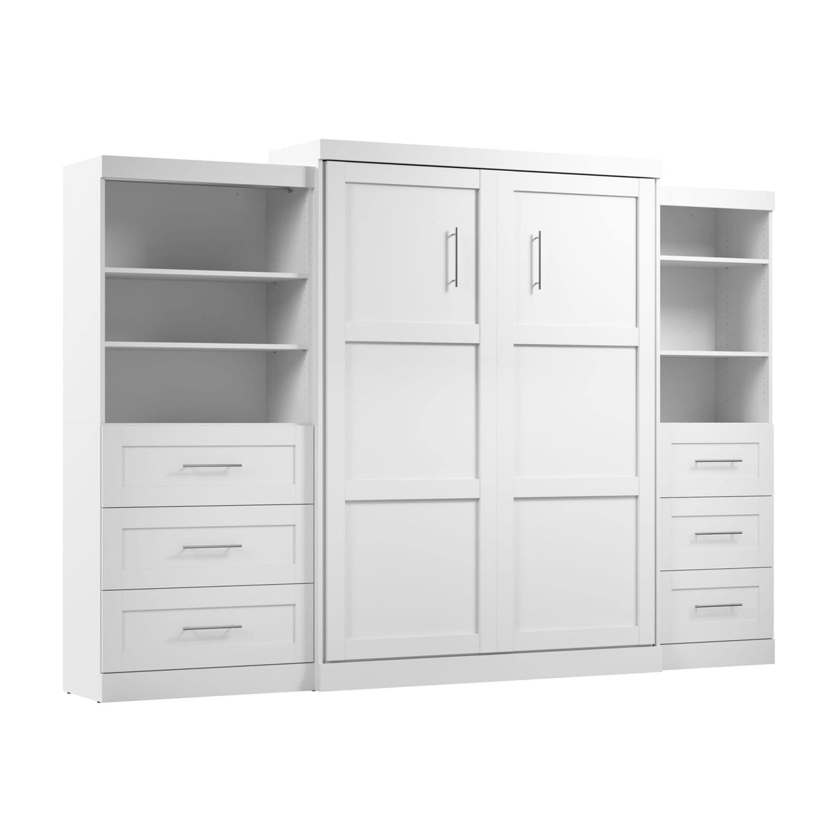 Bestar Pur Queen Murphy Bed and 2 Shelving Units with Drawers, 126-inch Space-Saving Wall Bed Bestar