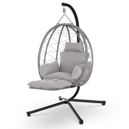 ZENPETIO Hanging Egg Chair with Stand & Leg Rest, Rattan Wicker Swing Chair with UV Resistant Cushion and Pillow, for Indoor Outdoor Bedroom Patio Hanging Basket Chair 370lbs Capacity, Grey