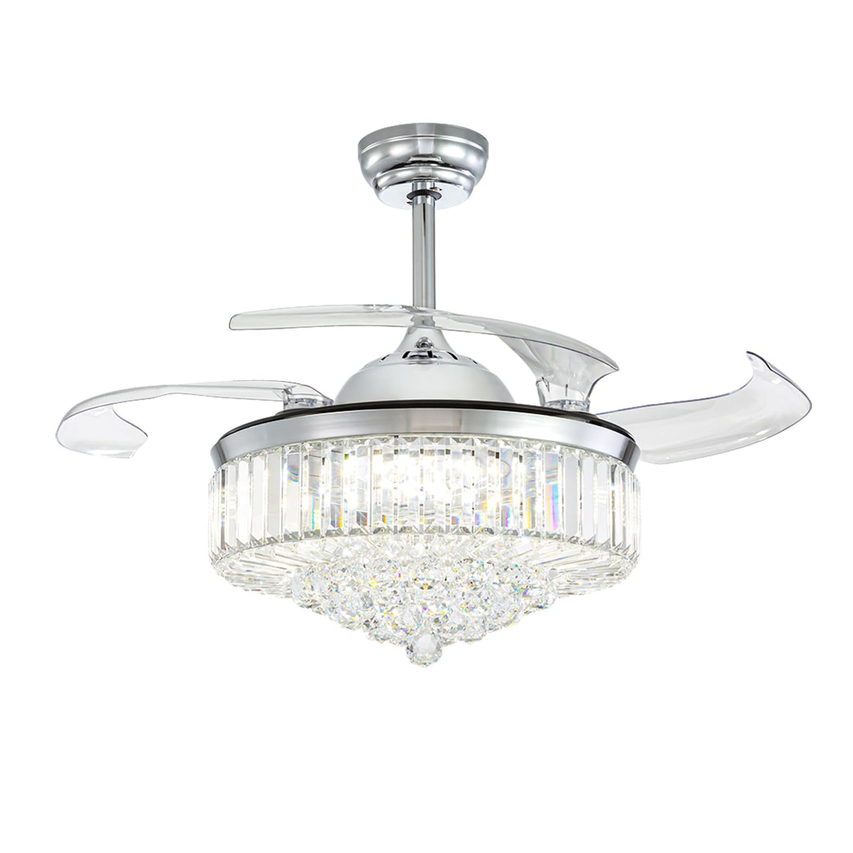NOXARTE 48 Inch Crystal Chandelier Ceiling Fan with Light Fandelier Ceiling Fan with Light Retractable Blades Fan with Remote Control 48" Dimmable Fandelier for Bedroom Living Room NOXARTE