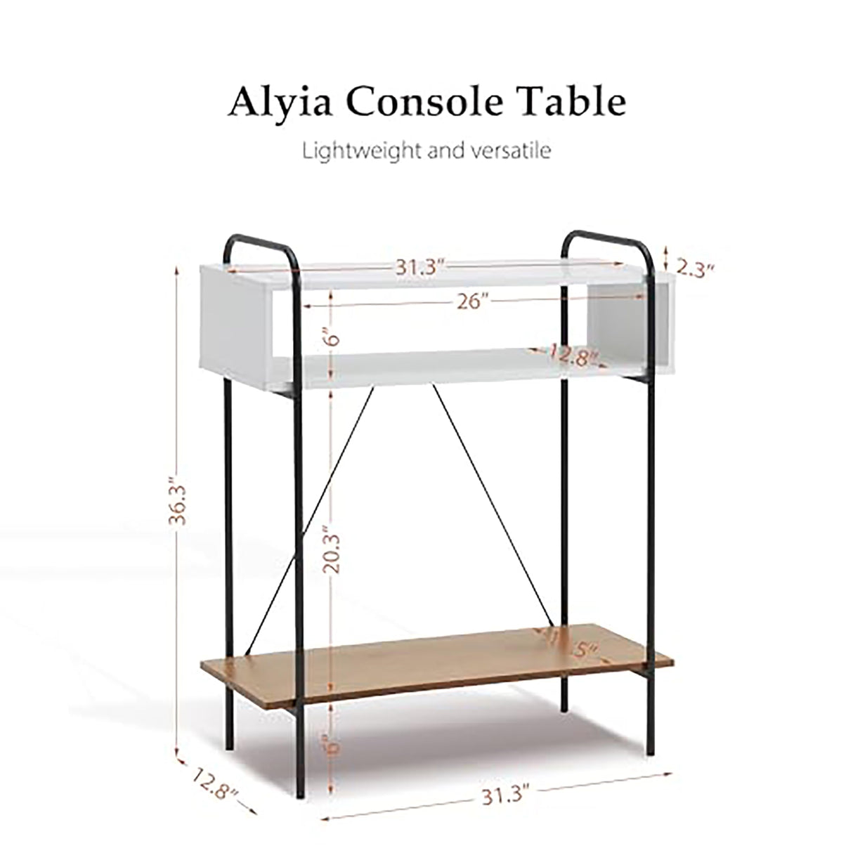Furniture of America Alyia Modern 36 inch High Console Table with Storage Shelves and Metal Frame Legs for Living Room, Entryway, Hallway, Office, Corridor, Foyer, White Pure & Distressed Oak Furniture of America