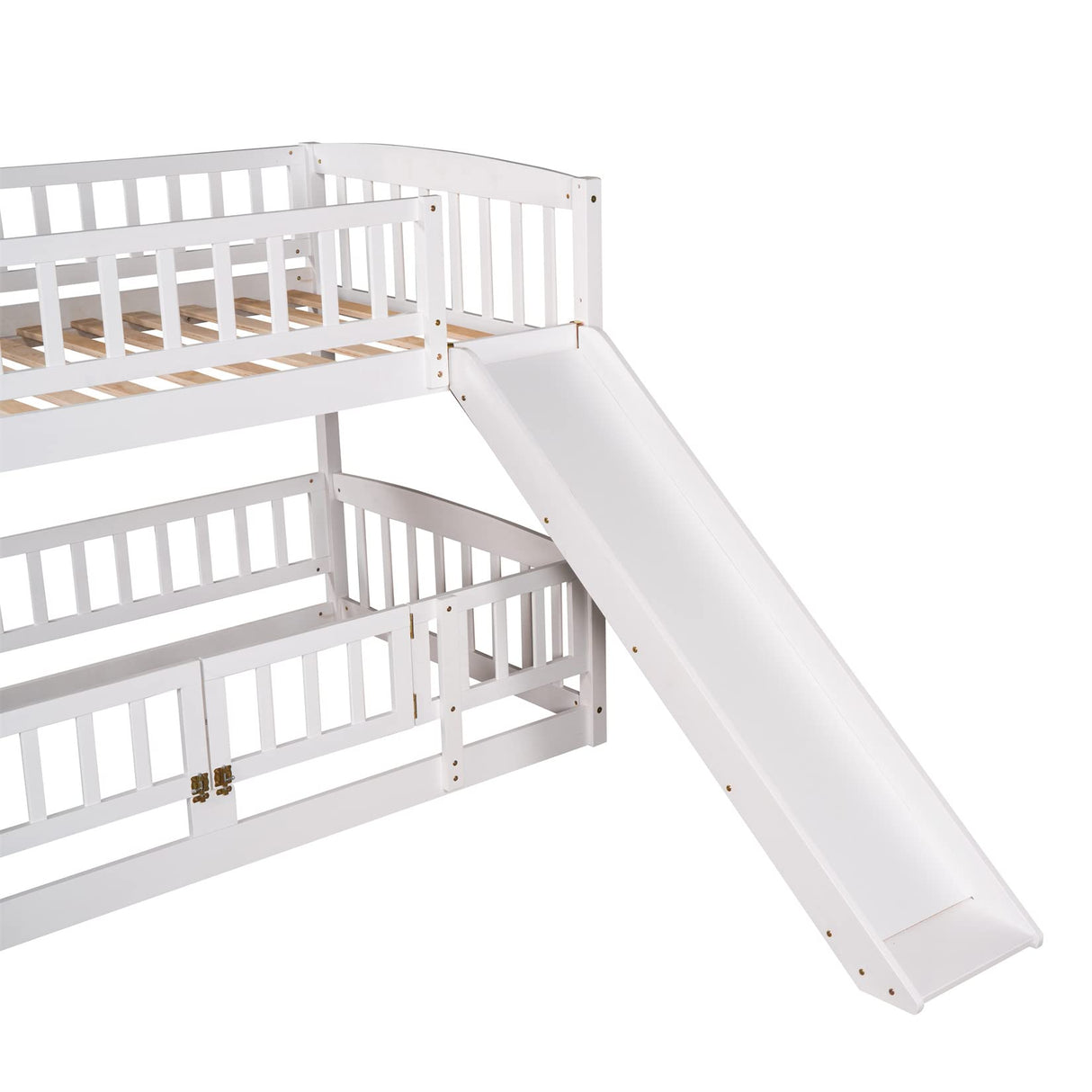 Low Bunk Bed with Slide Twin Over Twin Bunk Beds for Kids Toddlers, Wood Floor Beds Frame with Rails for Boys Girls Teens, White Bellemave