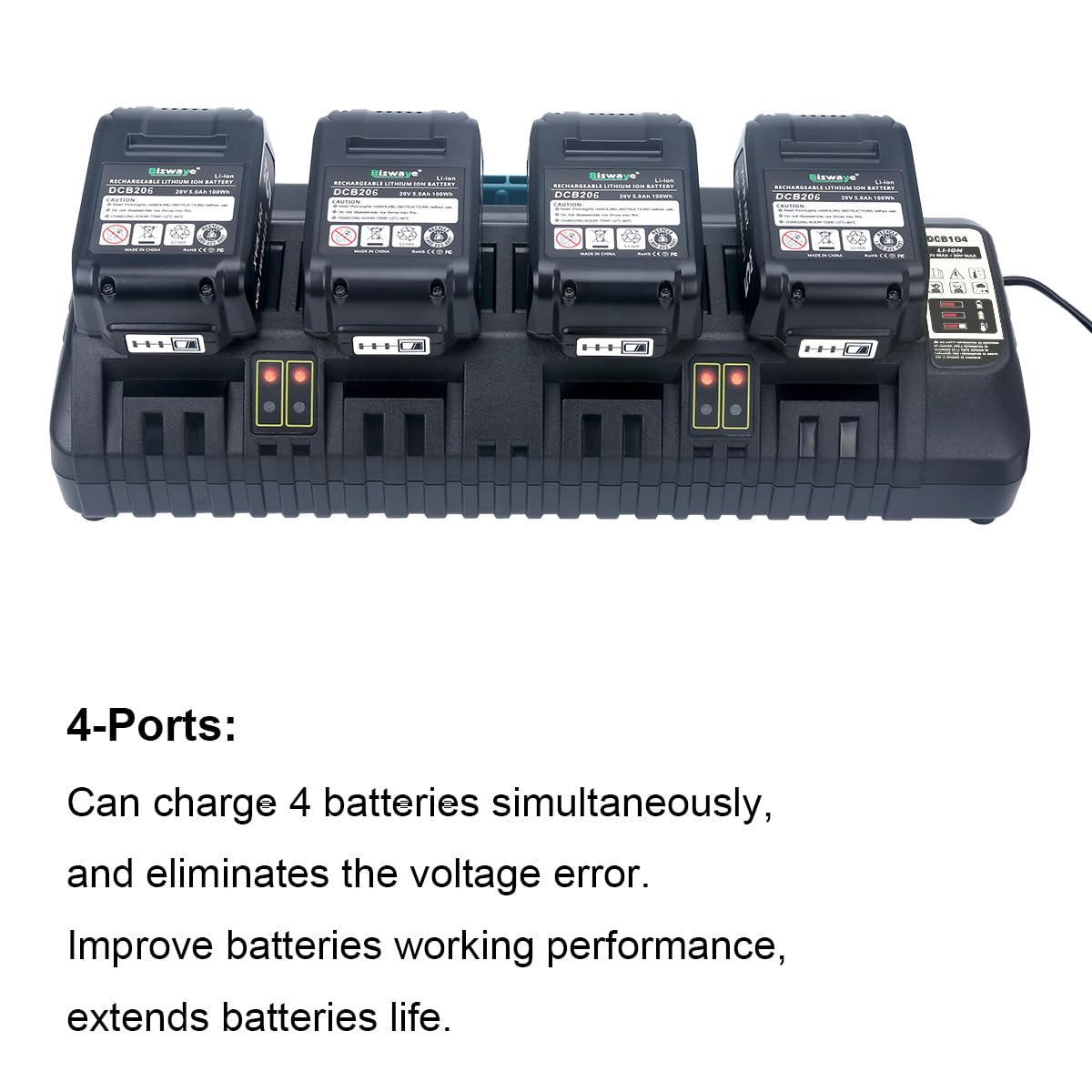 Biswaye DCB104 20V Battery 4-Port Rapid Charger Compatible with De-Walt 12V-20V MAX Lithium Battery DCB204 DCB206 DCB207 DCB606 DCB127 Charger DCB102 DCB118 DCB107 DCB115 - WoodArtSupply