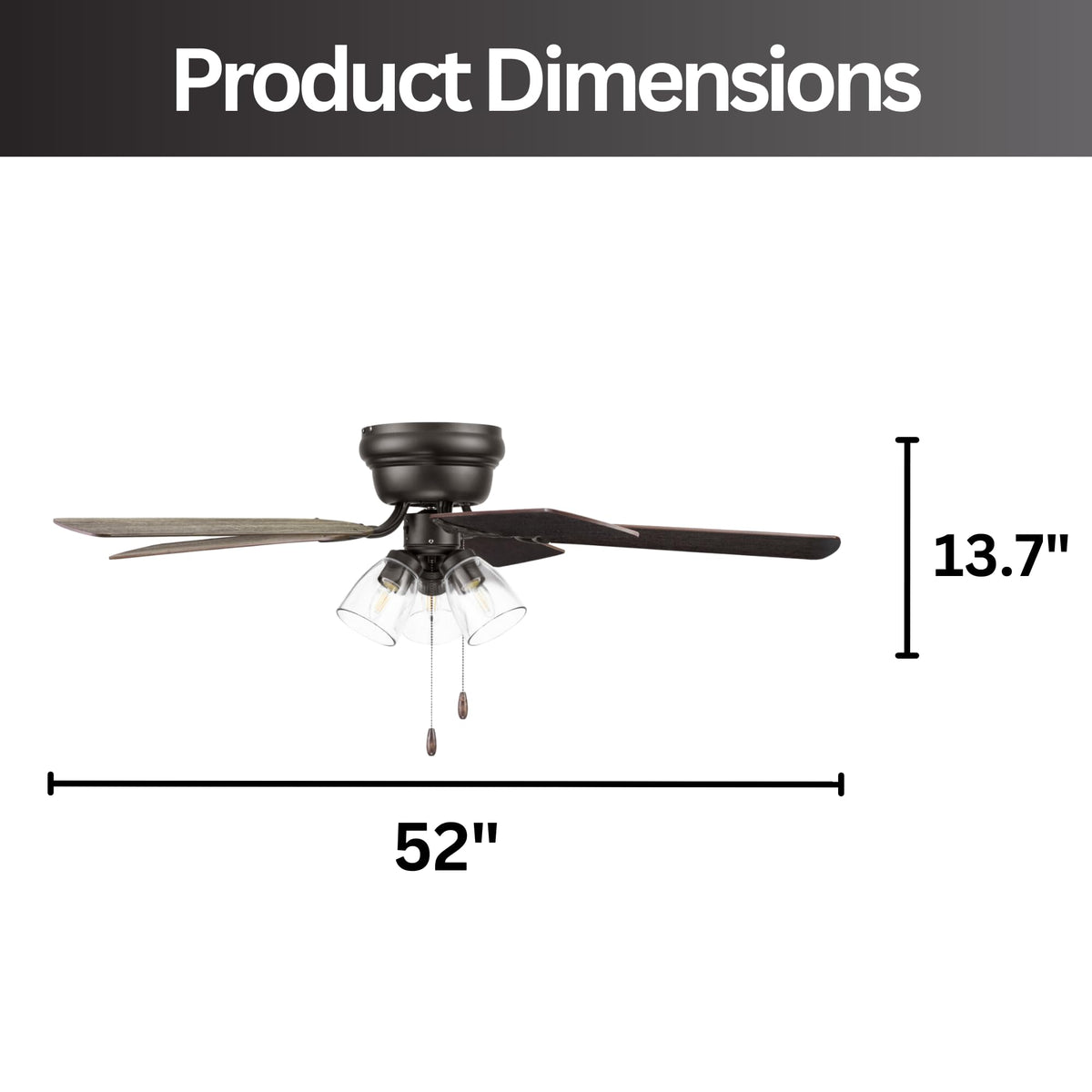 Portage Bay Ceiling Fans 52" Renton Bronze Indoor Fan with Clear 3 Light LED Multi Arm; E26/B11 Bulb and Pull-Chains, Traditional Style, 5 Reversible Barnwood/Dark Chestnut Blades, 51439 Portage Bay