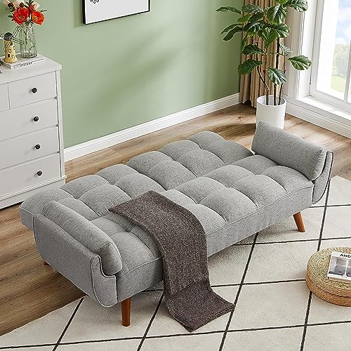 ERYE 75-Inch Tufted Upholstered Futon Sofabed Linen Loveseat Sofa Bed with Adjustable Backrest and Pillows for for Bedroom Living Room, Modern Convertible Futon Sleeper Bed ERYE