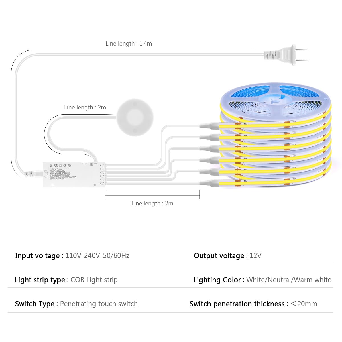 AIMENGTE 12V COB LED Cabinet Light Strip, 6-in-1 Penetrable Touch Dimming, for Wine Cabinets, Shoe Racks, Display Cabinets, Wardrobes, Kitchen Cabinets, and Showcase Lighting AIMENGTE
