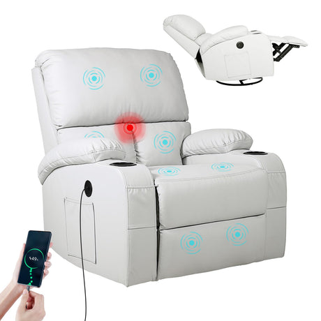 Rocking Recliner Chair, Massage Rocker Recliner Chair with Vibration Massage and Heat, USB and Type-C Ports,360° Swivel Faux Leather Chairs, Living Room, Bedroom, Nursery, RV, Light Grey LEVELEVE