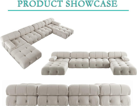 JACH 138" Modular Sectional Couch, U-Shaped Minimalist Velvet Sofas with Chaise Ottomans, Convertible Modern Deep 6-Seat Sofas Furniture for Living Room, Apartment (Beige) JACH