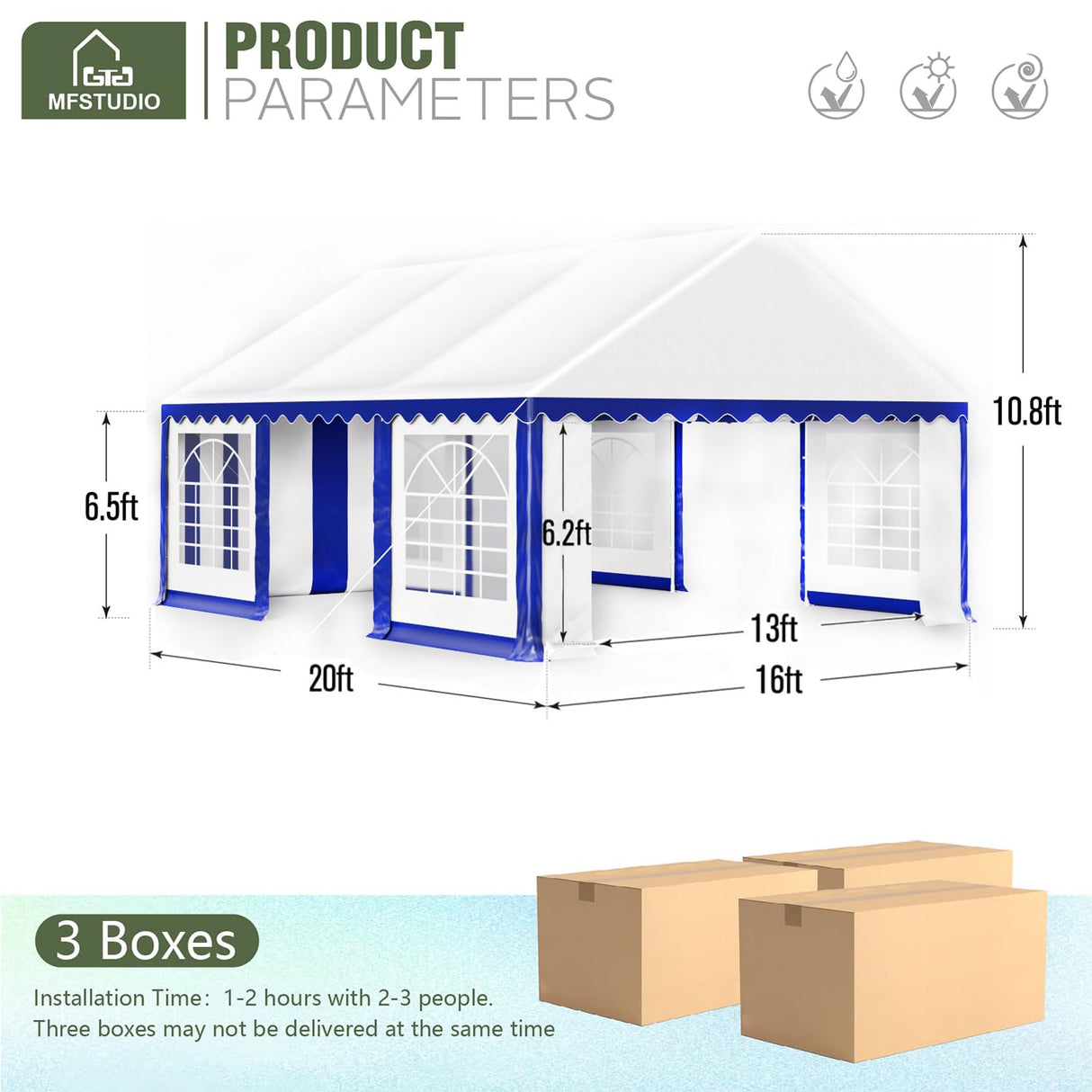 MFSTUDIO 16'x20' Party Tent, Outdoor Heavy Duty Party Tents with Removable Sidewalls, Large Canopy Tent Shelter for Outdoor Events Wedding Birthday, Blue MFSTUDIO