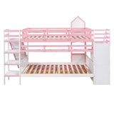 Full-Over-Full Bunk Bed, Castle Style Bunk Bed with 2 Drawers and 3 Shelves, Solid Wood Bunk Beds with Slide and Storage Staircase, Playhouse Low Bunk Bed for Kids Teens Boys Girls (Pink-O273) Aiuyesuo