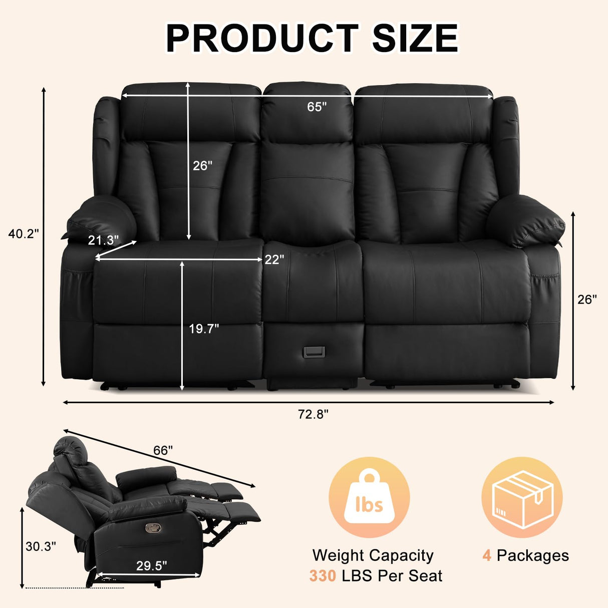 WISHDEER Loveseat Recliner Sofa, RV Recliner Couch, Manual Reclining Loveseat with Console for Living Room, Home Theater Seating with AC/USB C/USB and Drawer (Black, Loveseat with Console) WISHDEER