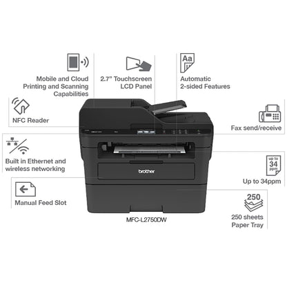 Brother MFC-L2750DW All-in-One Wireless Monochrome Laser Printer, Black - Print Copy Scan Fax - 36 ppm, 2400 x 600 dpi, Auto Duplex Printing, 50-Sheet ADF, 2.7" Touchscreen LCD, NFC, Ethernet, Tillsiy