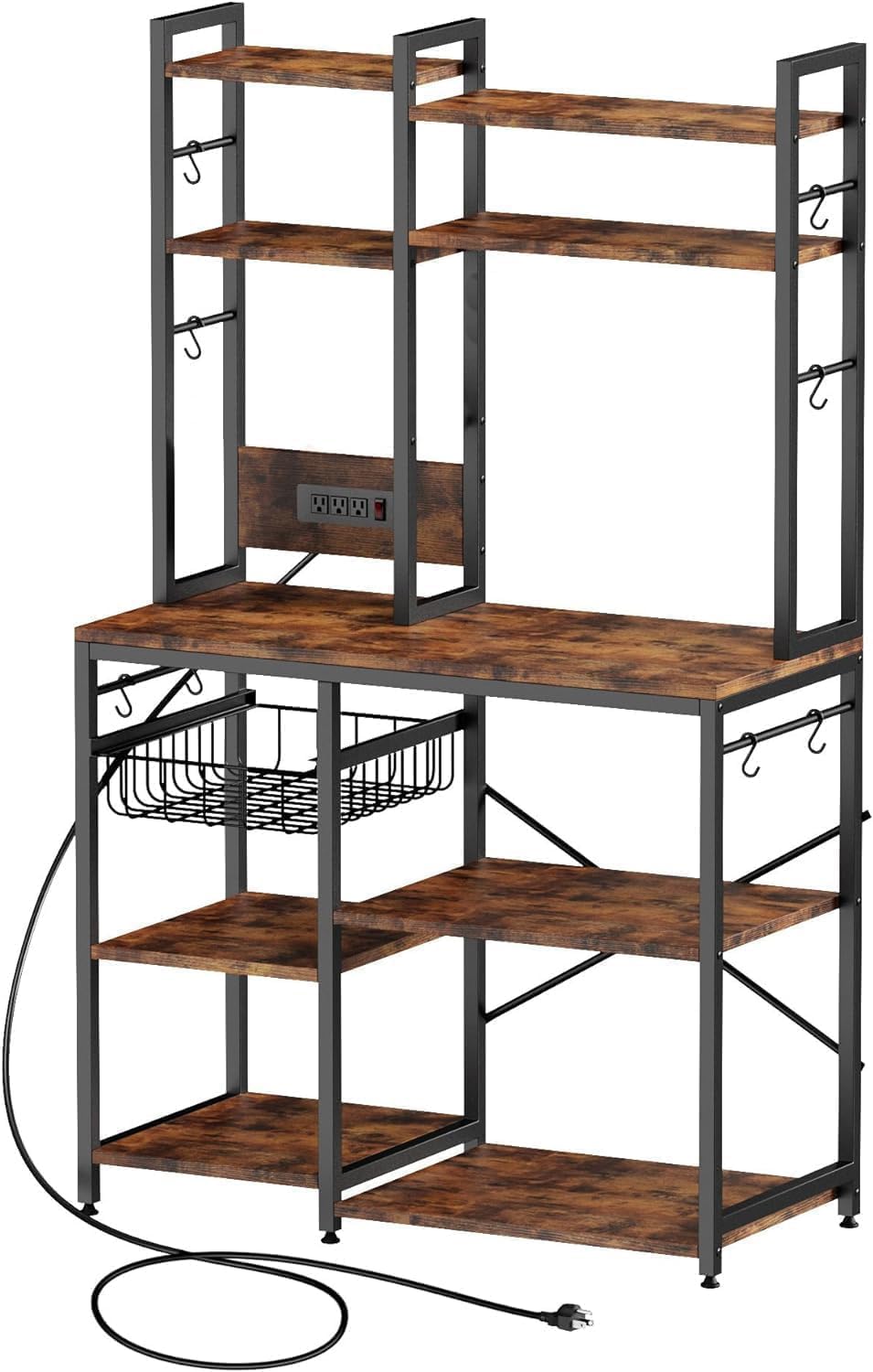 Standing Kitchen Baker’s Rack, Bakers Rack with Power Outlet, 6-Tier Microwave Stand, Coffee Bar with 12 S-Shaped Hooks, Kitchen Shelf with Storage, Coffee Bar Station, for Rustic Brown Cheersstar