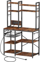 Standing Kitchen Baker’s Rack, Bakers Rack with Power Outlet, 6-Tier Microwave Stand, Coffee Bar with 12 S-Shaped Hooks, Kitchen Shelf with Storage, Coffee Bar Station, for Rustic Brown Cheersstar