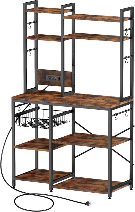 Standing Kitchen Baker’s Rack, Bakers Rack with Power Outlet, 6-Tier Microwave Stand, Coffee Bar with 12 S-Shaped Hooks, Kitchen Shelf with Storage, Coffee Bar Station, for Rustic Brown Cheersstar
