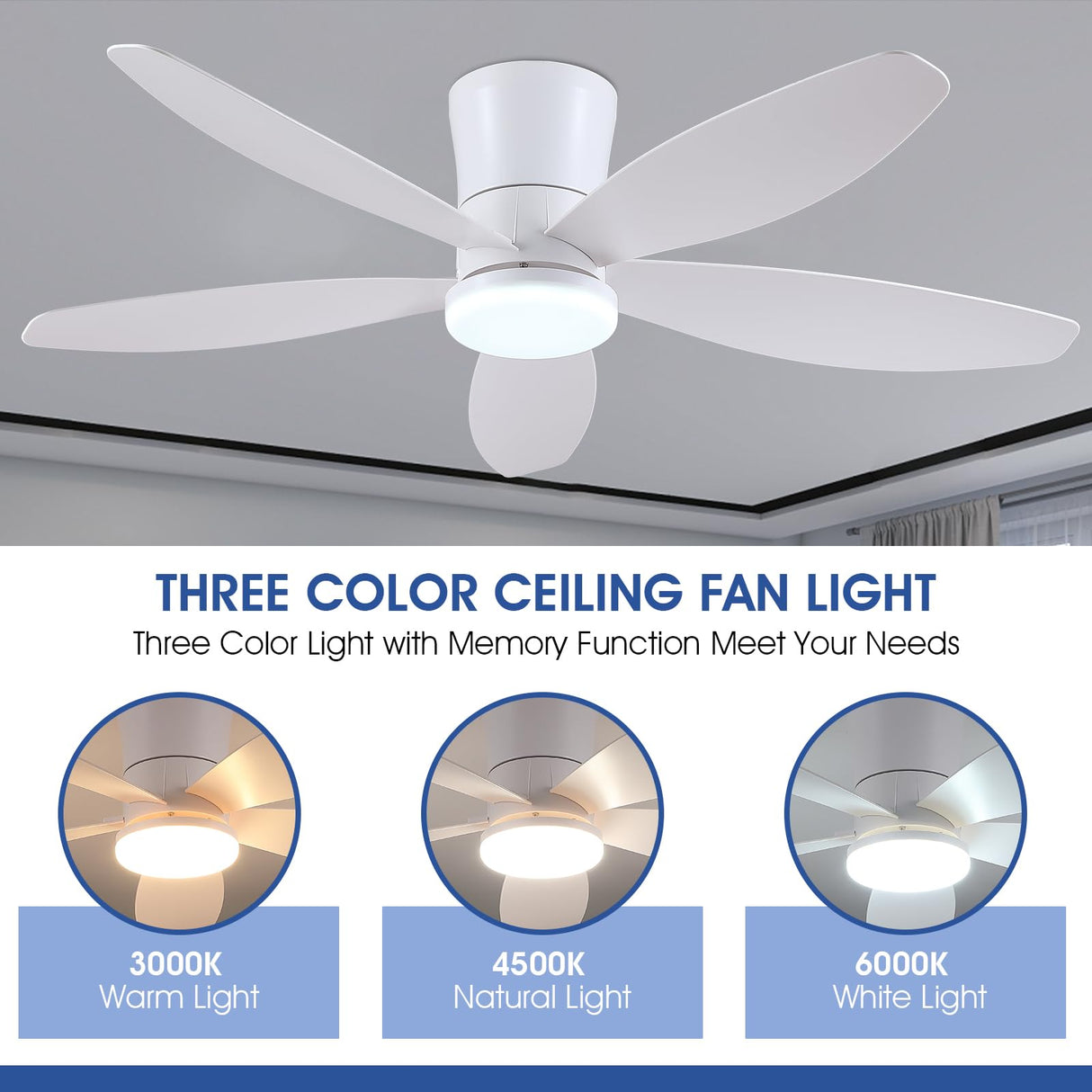 Surtime 48" Ceiling Fans with Lights-Low Profile Ceiling Fan with Light and Remote/APP Control,Flush Mount,DC Reversible,LED Dimmable Modern Ceiling Fans for Bedroom,Indoor/Outdoor Patio Use(White) Surtime