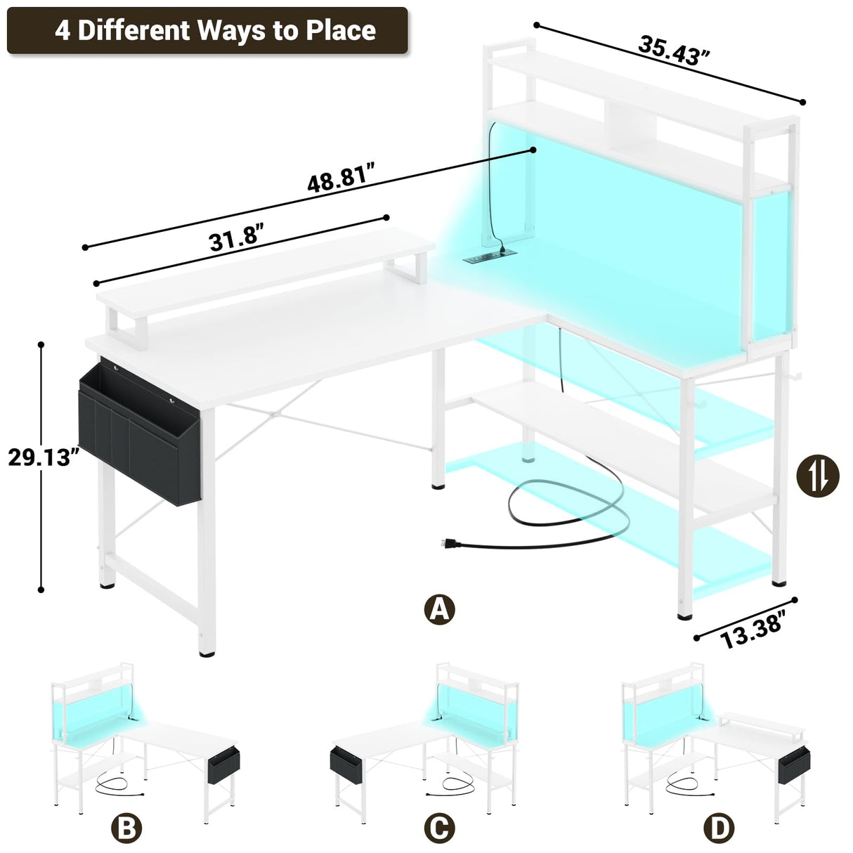 Aheaplus L Shaped Gaming Desk with Power Outlets & LED Lights, Small L- Shaped Desk Computer Corner Desk with Monitor Stand & Storage Shelf, Home Office Desk Writing Desk with Storage Bag, White Aheaplus