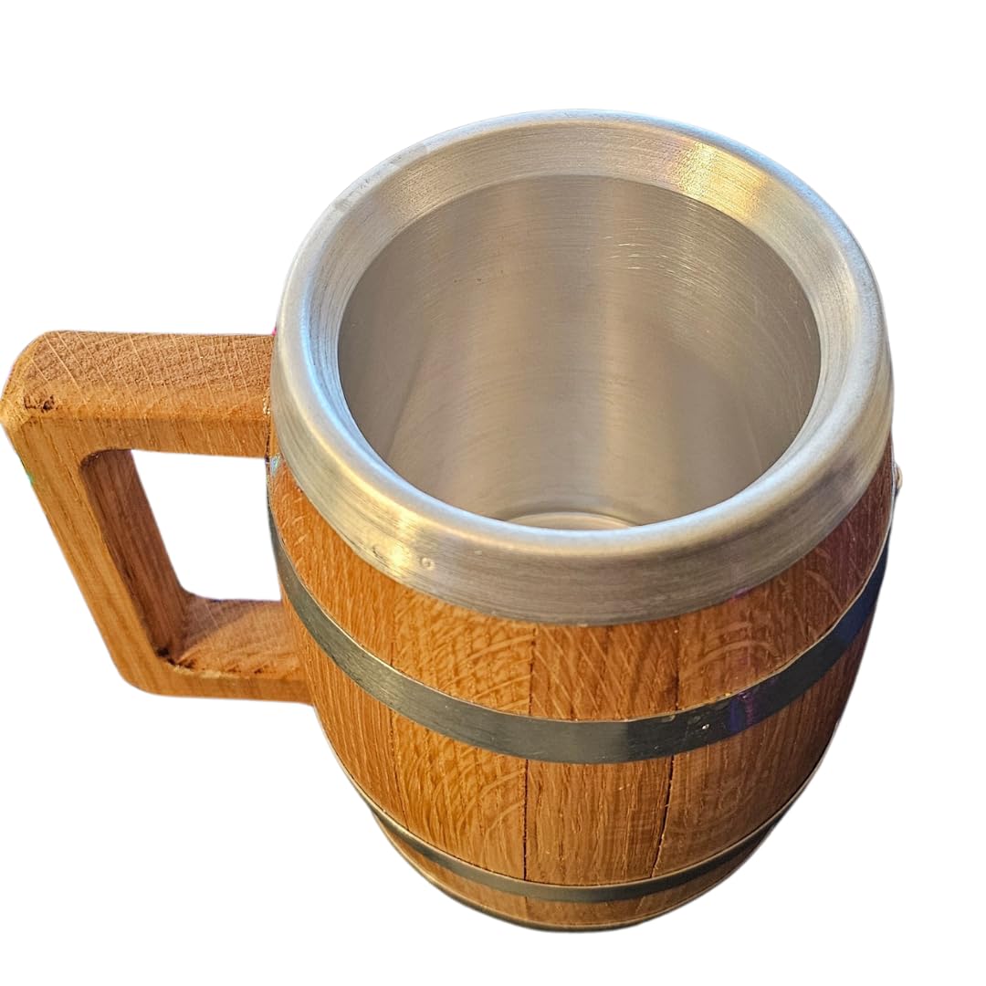 LAS VILLAS DESIGNS Personalized Oak Wood Barrel Beer Mug Tankard with Stainless Steel Interior - Engraved with Your Name - WoodArtSupply