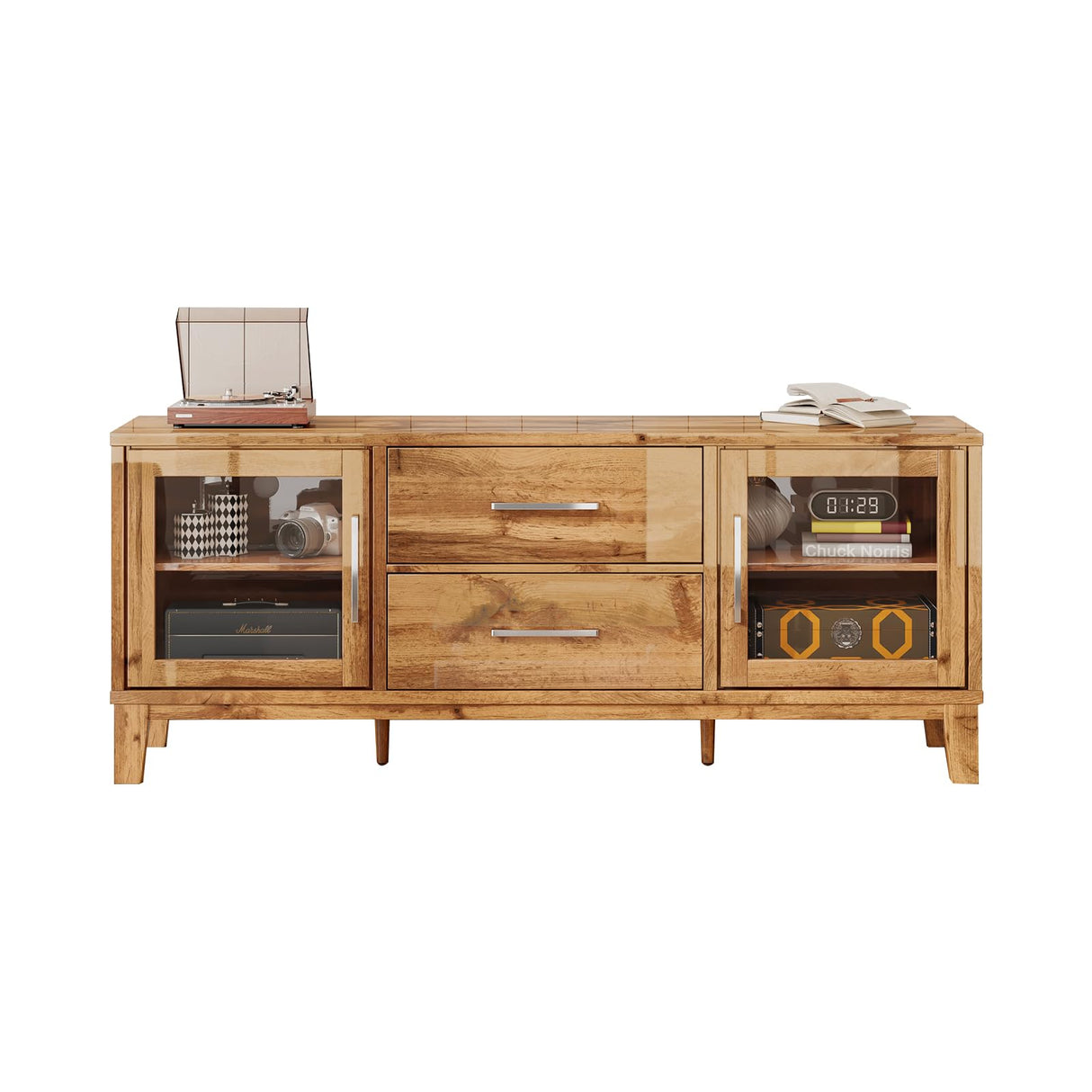 LUXOAK 63in Modern Wood TV Stand for 70+ Inch TV, Mid Century High Gloss Entertainment Center with Glass Doors & Adjustable Shelf, TV Console with Storage Drawer for Living Room, Yellow Oak, CTS008 LUXOAK