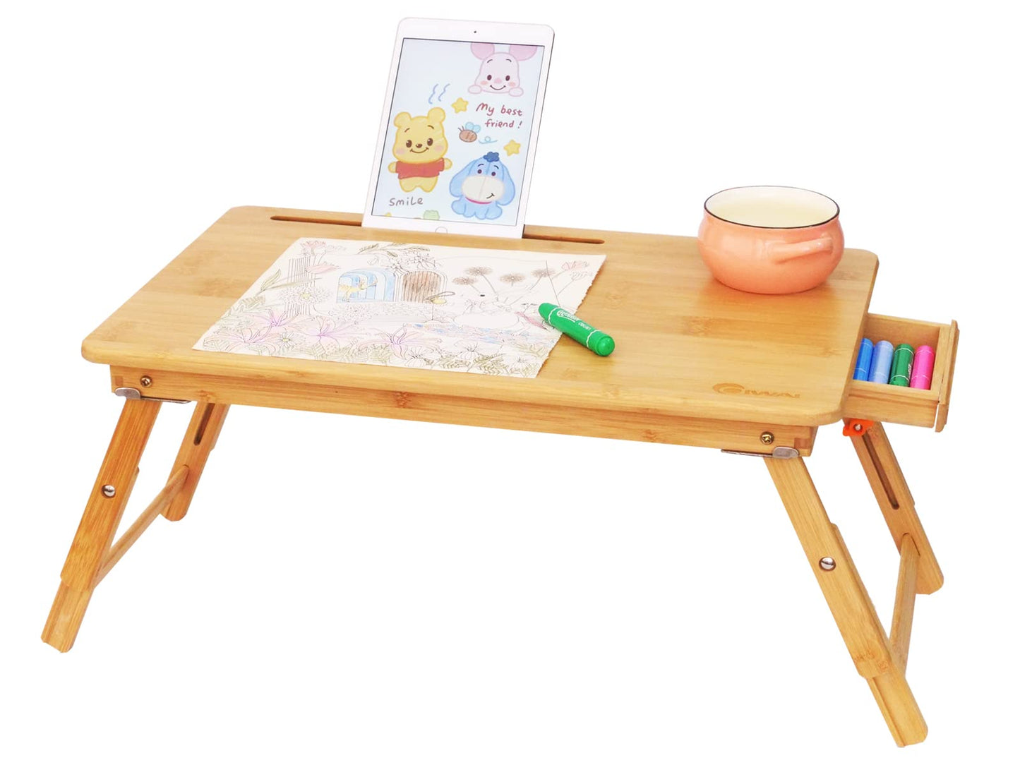 Laptop Lap Desk, COIWAI Laptop Bed Tray Table, Bamboo Adjustable Height, with Tablet Phone Hold Slot, Drawer, Foldabespecially Recommended as a Table for Children,Elementary School Students - WoodArtSupply