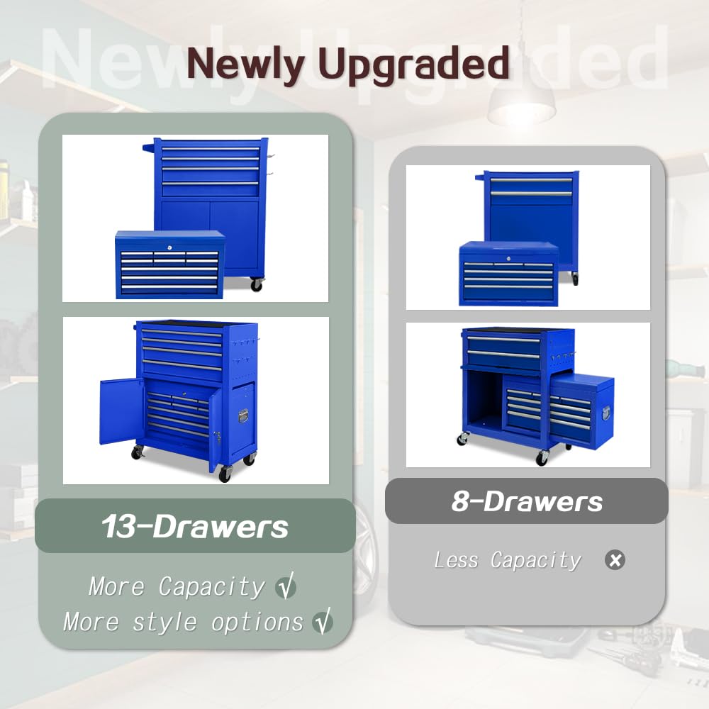 Kirmosal 13-Drawer Tool Chest with Double Door Handle,2 in 1 Detachable Rolling Tool Chests with Wheels and Drawers,Large Tool Box with Lock,Mobile Steel Tool Cabinet Storage (Blue) Kirmosal