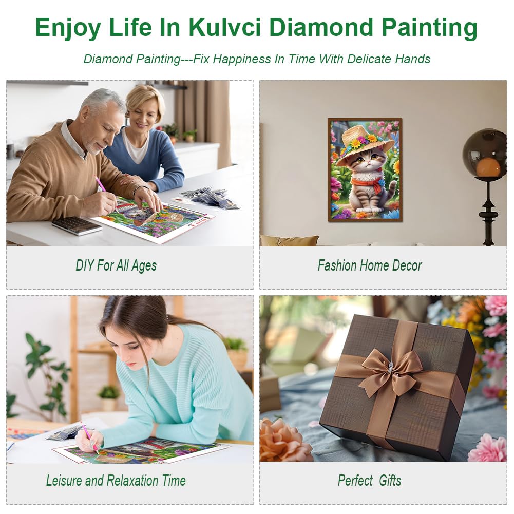 Kulvci Cat Diamond Painting Kits for Adults, Diamond Art Kits for Beginners, 5D DIY Full Drill Gem Craft for Home Decor Gift 12x16inch Kulvci