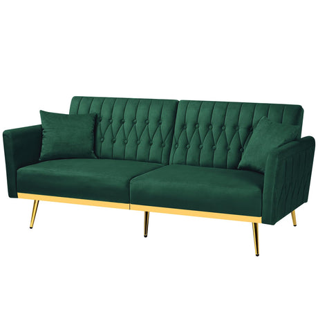 ACMEASE 70” Velvet Futon Sofa Bed w/Adjustable Backrests and Armrests, Convertible Futon Couch with 2 Pillows, Modern Tufted Sleeper Bed for Living Room, Bedroom,Green ACMEASE