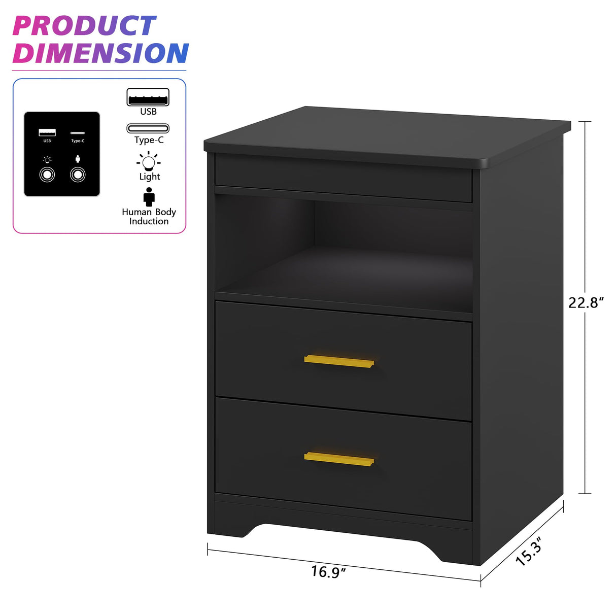 MDGC Nightstand with Lockable Gun Drawer,3 Color Dimmable LED End Table with Charging Station,Bedside Table with Auto Sensor Light,Smart Night Stand with USB-C Ports and 3 Drawers,Bedroom MDGC