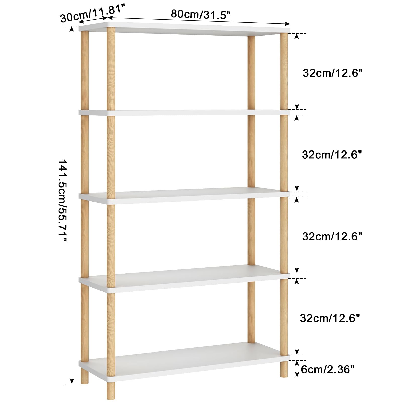 IBUYKE Modern 5-Tier Freestanding Wooden Bookcase - Stylish Multi-Purpose Organiser in White - WoodArtSupply