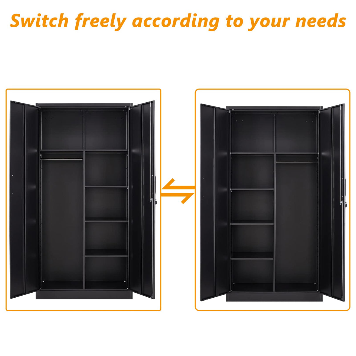 STANI Metal Storage Cabinet, 72" Locking Metal Storage Cabinet with Shelves and Hanging Rod, Metal Cabinet with 2 Doors and Lock for Home, Garage, Office (Black) STANI