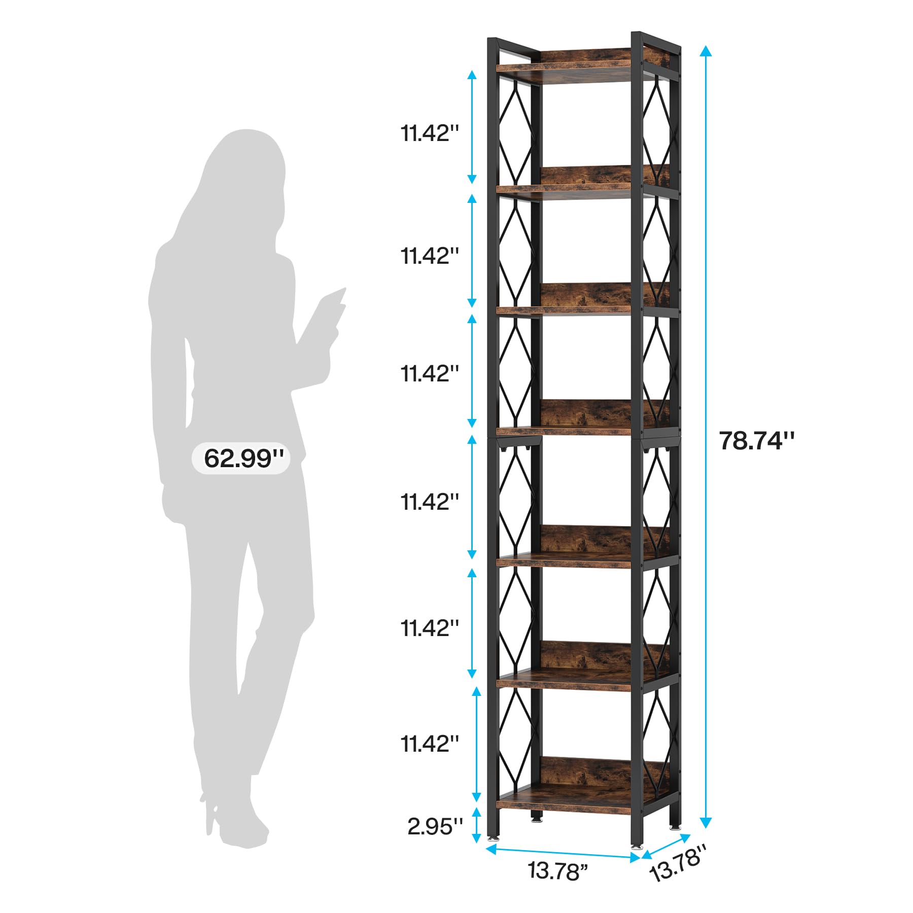 Tribesigns Tall 7-Tier Narrow Bookshelf for Small Spaces - Rustic Brown Freestanding Storage Organizer - WoodArtSupply