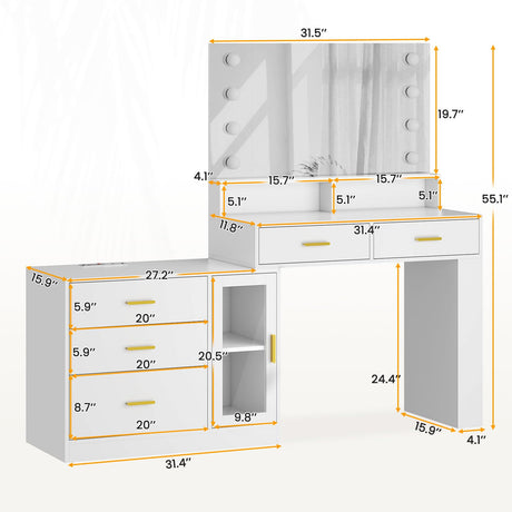 AOGLLATI Makeup Vanity Desk with Mirror and Lights & Charging Station, White Vanity Table with 3 Drawers LED Dresser, Makeup Desk with 3 Lighting Modes, 5 Drawers and Cabinet Storage AOGLLATI