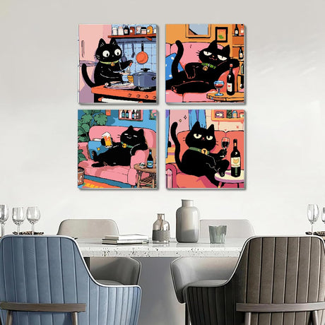 4Pack Funny Black Cat Kitchen Paint by Numbers Kit for Kids, Vintage Animals Easy Framed Adults Paint by Numbers Kits, DIY Cute Cat Acrylic Oil Painting Number Kits for Home Wall Decor (8 x 8 Inch) Fotasmua