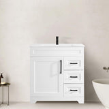 BUPWHEK 30” Luxurious Bathroom Vanity with Ceramic Sink Combo, White Bathroom Cabinet with 1 Soft Closing Door & 3 Full Extension Drawers, Faucet and Pop Up Drain Included BUPWHEK