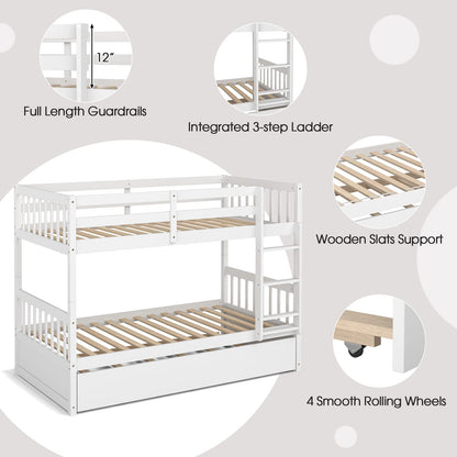 Giantex Twin Over Twin Bunk Bed with Trundle, Convertible Platform Bed Frame with Ladder & Solid Wood Frame, Space-Saving Bunk Bed for Teens & Adults, No Box Spring Needed, White