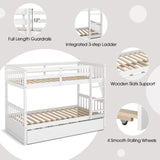KOMFOTT Wood Twin Over Twin Bunk Bed with Trundle, Solid Pine Wood Bunk Bed Frame with Ladder & Safety Guardrails, Space-Saving Convertible Bunk Bed for Home & Dormitory, No Box Spring Needed KOMFOTT