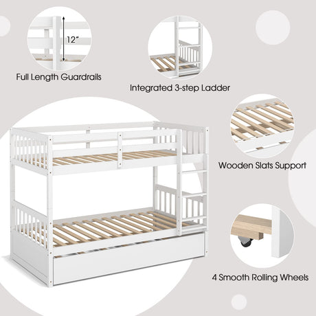 KOMFOTT Wood Twin Over Twin Bunk Bed with Trundle, Solid Pine Wood Bunk Bed Frame with Ladder & Safety Guardrails, Space-Saving Convertible Bunk Bed for Home & Dormitory, No Box Spring Needed KOMFOTT