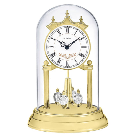 Bulova B8821 Heather Anniversary Clock | 9" Glass Dome Design | Rotating Crystal Pendulum | Westminster Chime | Engraving Plate Bulova