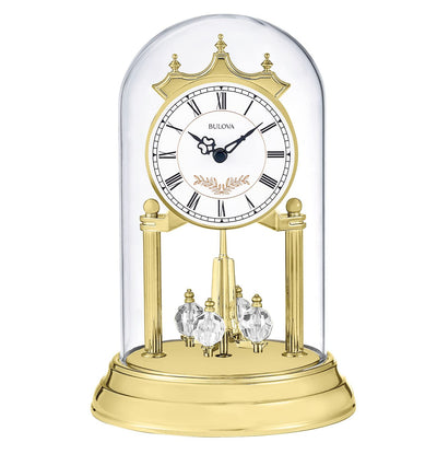 Bulova B8821 Heather Anniversary Clock | 9" Glass Dome Design | Rotating Crystal Pendulum | Westminster Chime | Engraving Plate