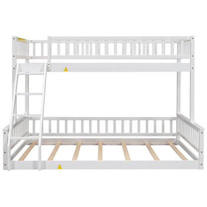 Merax Twin XL Over Queen Floor Bunk Bed, Kids White Wood Bunk Bed Frame with Ladder & Guardrails, Space Saving Teens Youths Beds for Bedroom, Guest Room, Noise Free, No Box Spring Needed, White