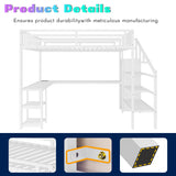 Queen Size Loft Bed with Desk and Stairs, Gaming Loft Bed with RGB LED Light and Storage, Heavy-Duty Metal Loft Beds Frame with Wardrobe, Shelves and Charging Station for Adults Kids Teens, White Mirightone