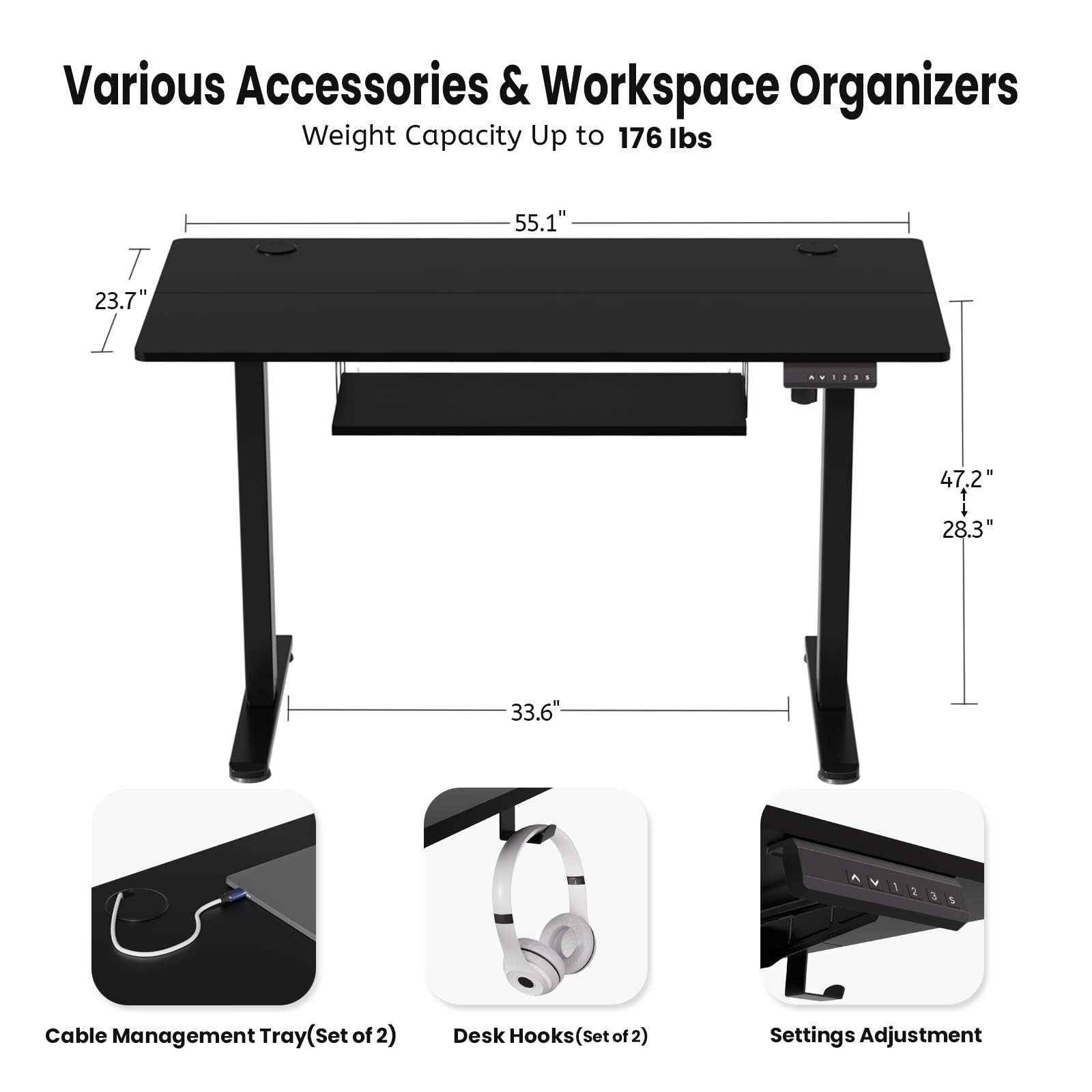 CROWNFURN Electric Standing Desk with Keyboard Tray, Adjustable Height Stand Up Desk for Home Office, 55x24 Inches Sit Stand Desk Computer Workstation, Black Frame & Desktop - WoodArtSupply