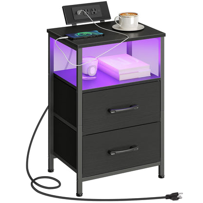 HOOBRO Nightstand with Charging Station, Bedside Table with LED Lights and 2 Fabric Drawers, End Table with Outlets and USB Ports, Small Night Stand for Bedroom, Black BB118UDBZ01 - WoodArtSupply