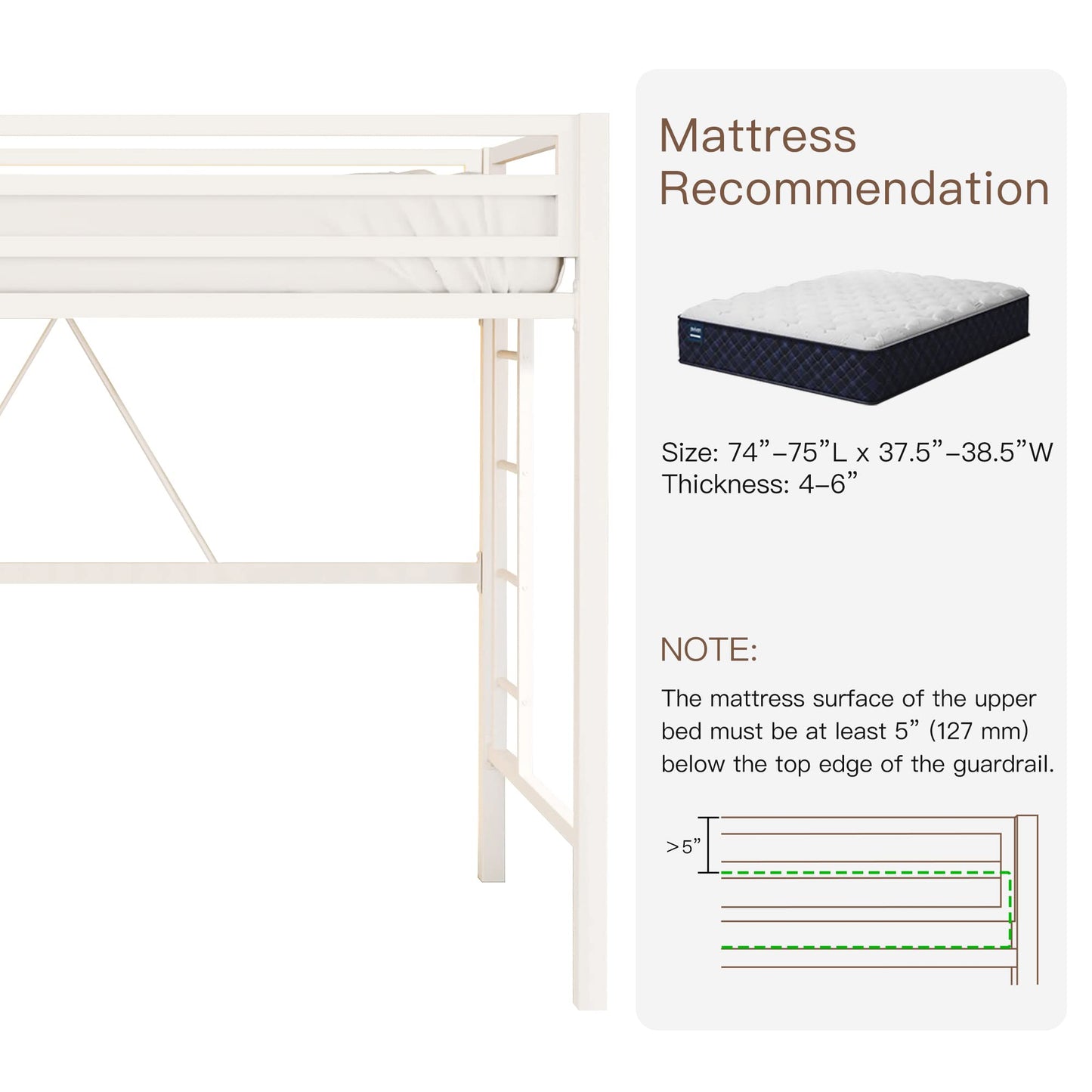 Stylish White Twin Loft Bed with Safety Guard and Removable Ladder by ikalido - WoodArtSupply