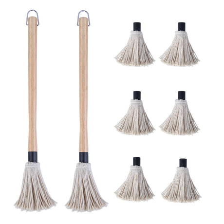 Donxote 18 Inch BBQ Mop Brush Set of 2, with 6 Extra Replacement Heads, Wooden Long Handle Cotton Head Mopping Basting Grill Sauce Perfect for Grilling Smoking Steak Marinade or Glazing Donxote