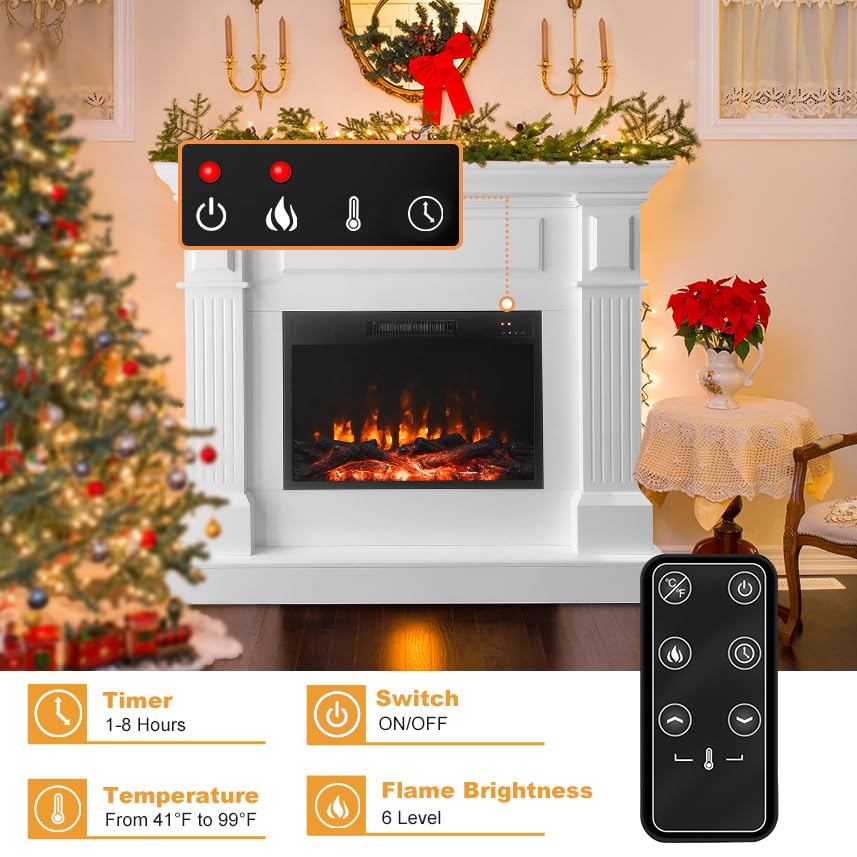 43 Inch Electric Fireplace with Mantel, Tall Fire Place Heater Freestanding with Remote Control Timer LED Flame for Living Room Bedroom, White Cloud Mountain