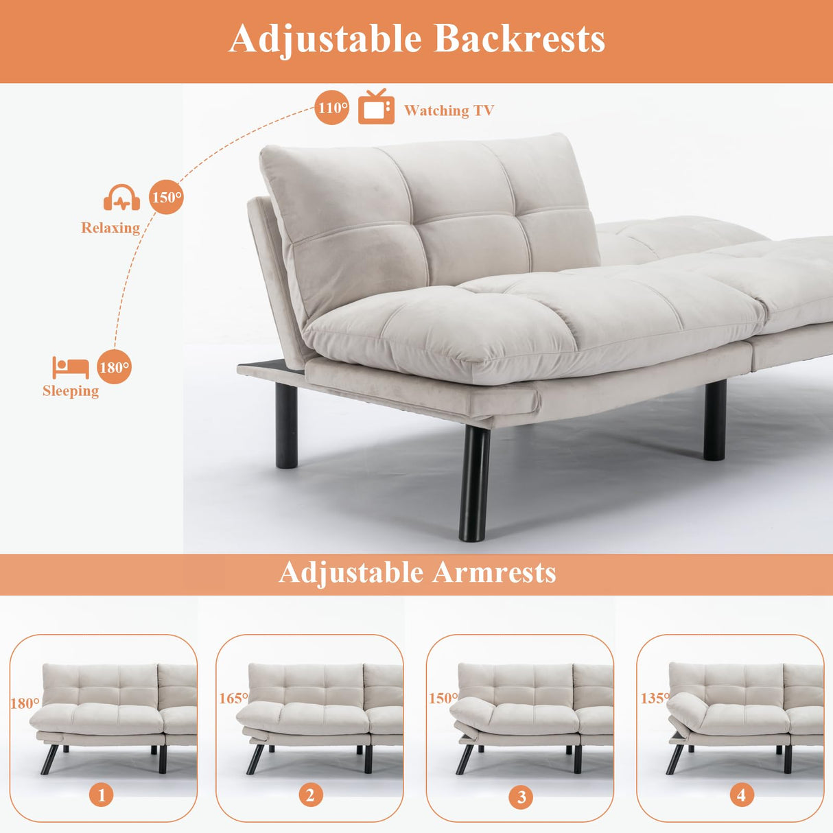 Anwick Futon Sofa Bed Velvet Convertible Futon Sleeper Couch, 71" Sleeper Sofa Bed with Adjustable Backrest, Modern Loveseat Couch for Compact Living Room, Apartment, Office (White) Anwick