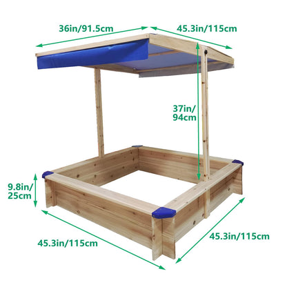 Kids Sandbox with Lid and Cover, Large Wooden Sandbox with Adjustable Canopy, Children Outdoor Playset, Sand Pit for Backyard Play, Beach