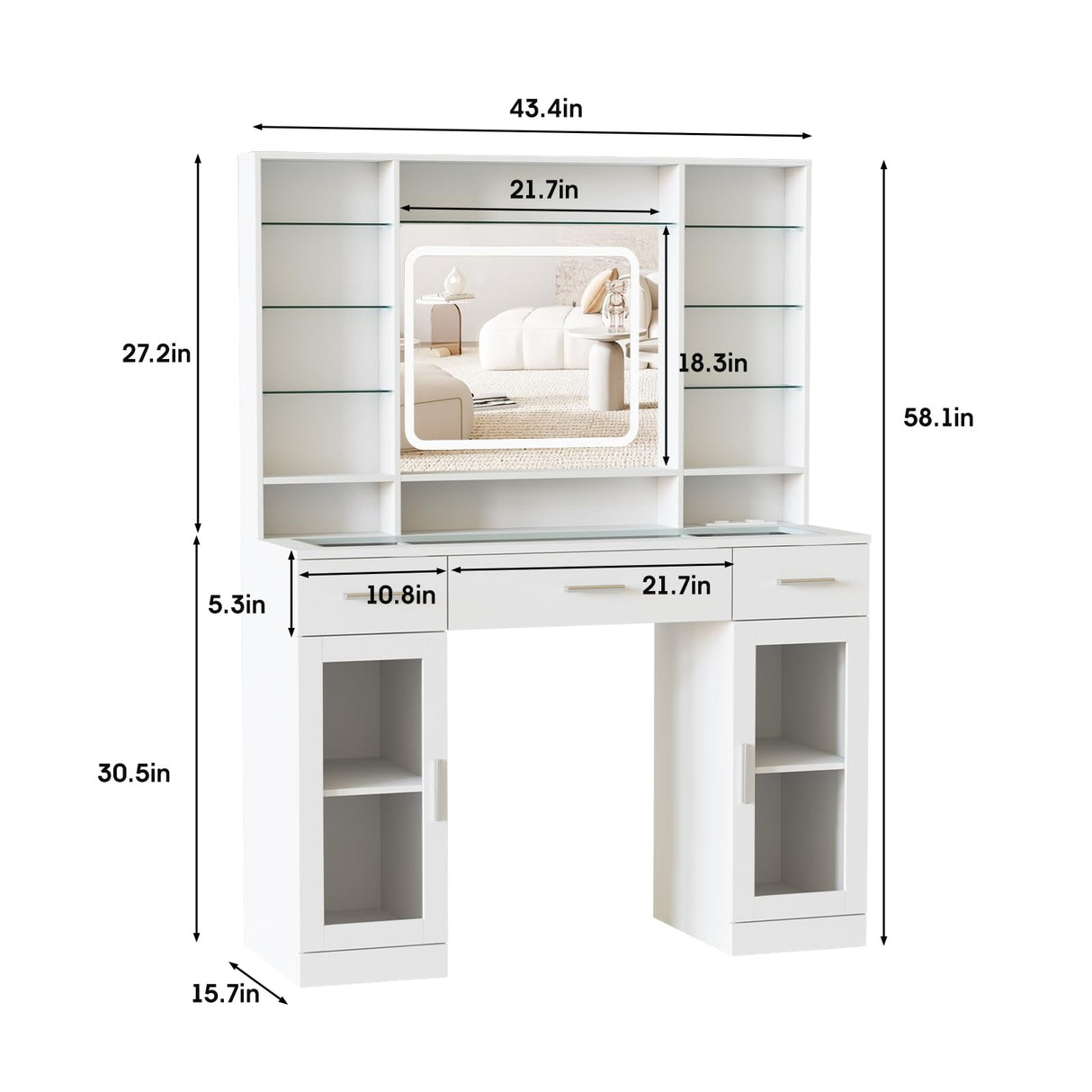 Fameill Makeup Vanity with Lights, 43.4inch Vanity Desk with Power Strip, 3 Drawers and 2 Cabinets Makeup Table with Lighted Mirror, 3 Lighting Colors, White Fameill